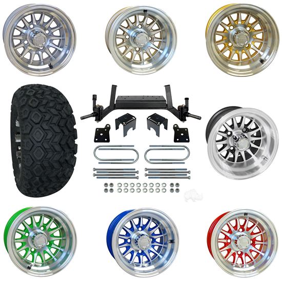 Picture of E-Z-Go TXT Electric 01.5-Up/Gas 01.5-08.5 5" Drop Axle Lift Kit, 22x11-10 All Terrain Tires, and Phoenix Wheels - Choose Your Wheel