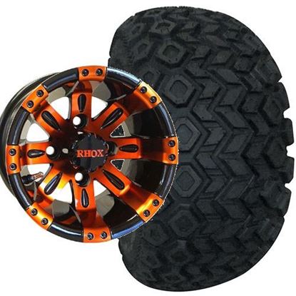 Picture of Lifted, Set of (4) Tire & Wheel Combo: RHOX Mojave DOT 22x11-10 and RHOX Vegas 10x7 Orange/Black Wheel