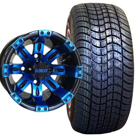 Picture of Non-Lifted, Set of (4) Tire & Wheel Combo: RHOX DOT Low Profile 205/50-10 Tire and RHOX Vegas 10x7 Blue/Black Wheel