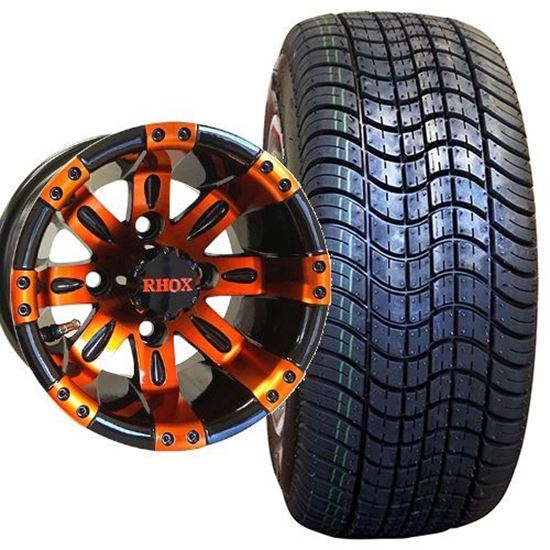 Picture of Non-Lifted, Set of (4) Tire & Wheel Combo: RHOX DOT Low Profile 205/50-10 Tire and RHOX Vegas 10x7 Orange/Black Wheel