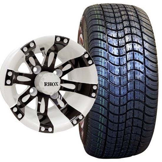 Picture of Non-Lifted, Set of (4) Tire & Wheel Combo: RHOX DOT Low Profile 205/50-10 Tire and RHOX Vegas 10x7 White/Black Wheel