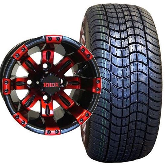 Picture of Non-Lifted, Set of (4) Tire & Wheel Combo: RHOX DOT Low Profile 205/50-10 Tire and RHOX Vegas 10x7 Red/Black Wheel